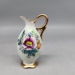 Ucagco Ceramics 3" Handled Ewer Rose Floral Gold Accents Miniature Japan Pitcher